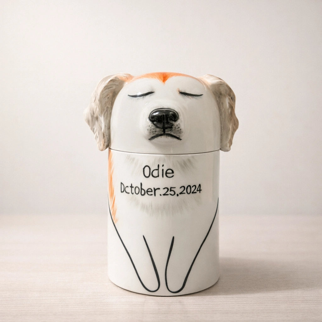 Personalized ceramic dog urn suitable for quiet interior spaces