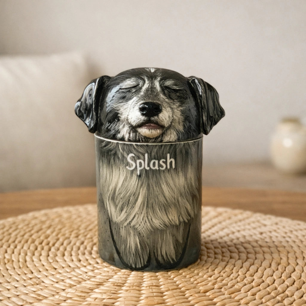 Personalized ceramic dog urn suitable for interior spaces