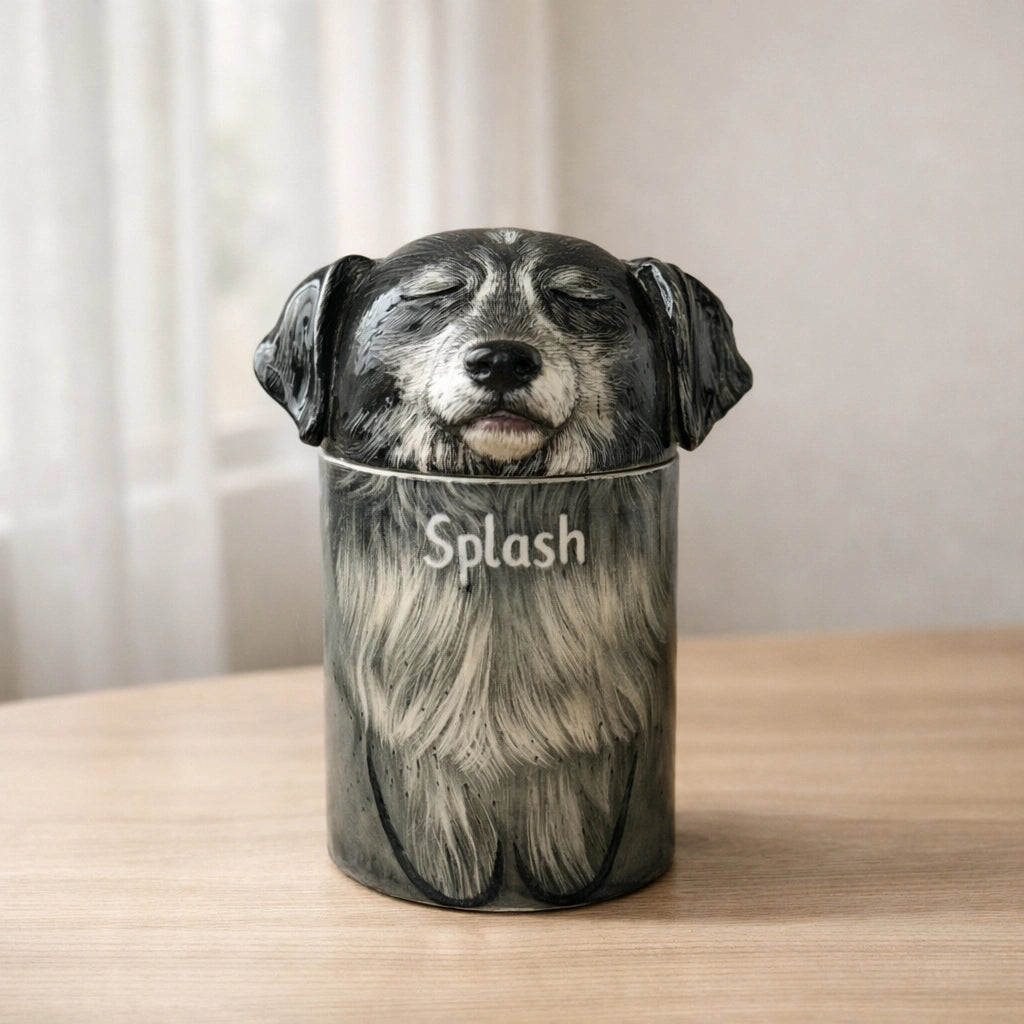 Dark ceramic dog urn with sculpted fur texture on woven mat