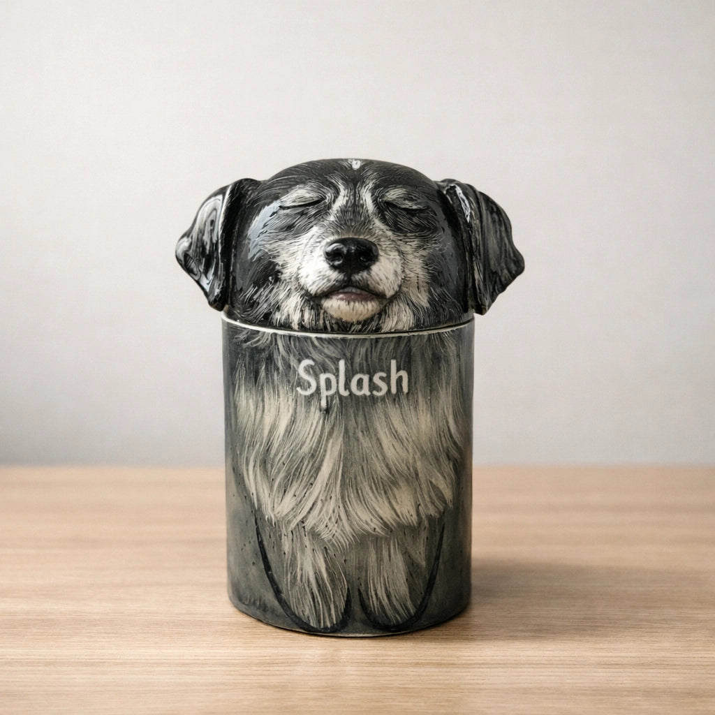 Handcrafted ceramic dog urn with custom name inscription