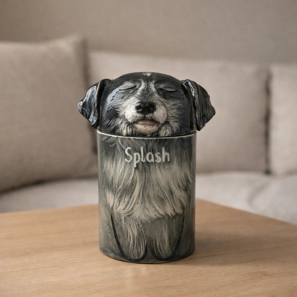 Minimal ceramic dog urn with closed-eye sculpted form