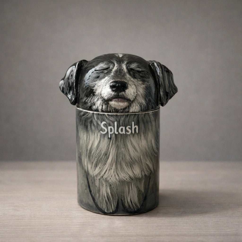 Custom ceramic pet urn for dogs photographed in soft interior light