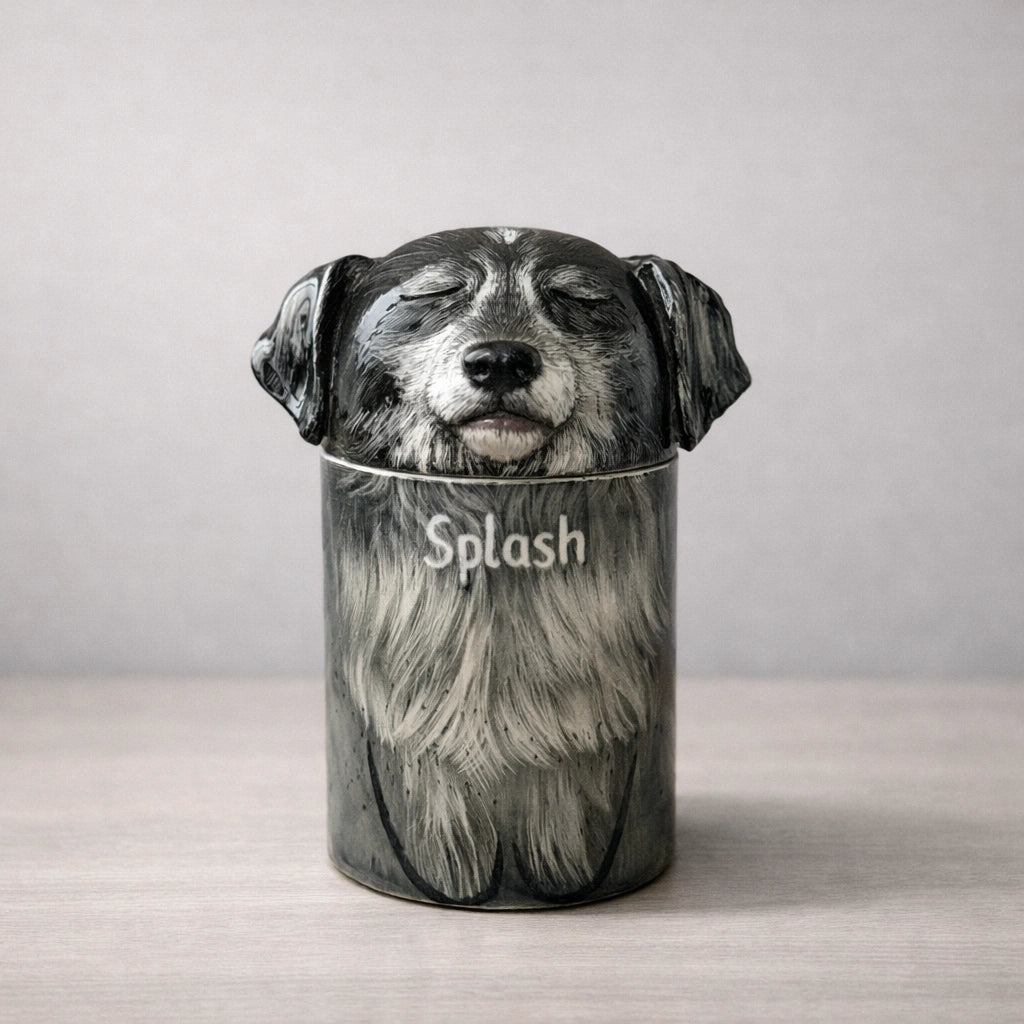 Ceramic dog urn designed for quiet home placement