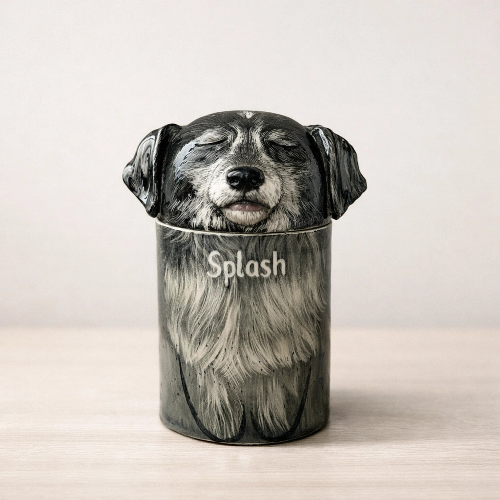 Handmade ceramic dog urn with detailed fur carving