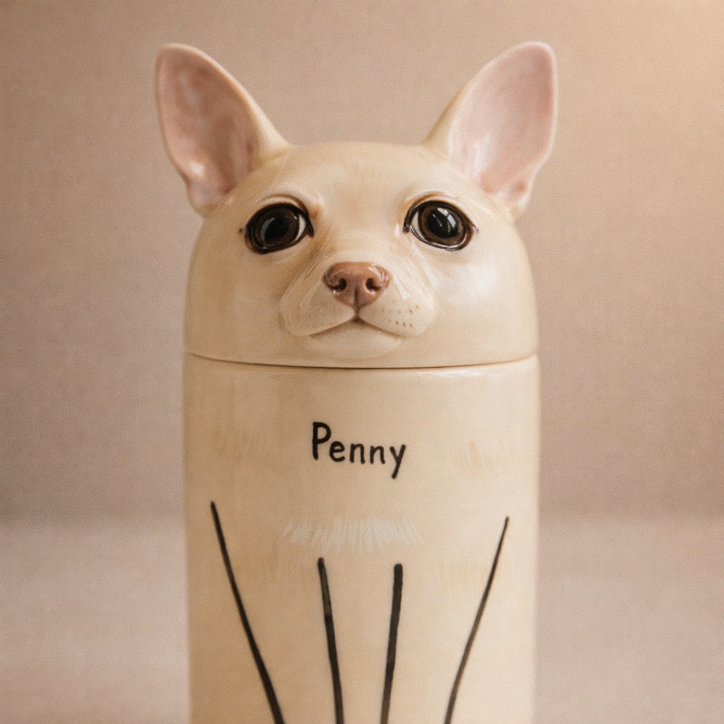 Handmade custom dog urn for ashes shaped like a dog, personalized with the name Penny