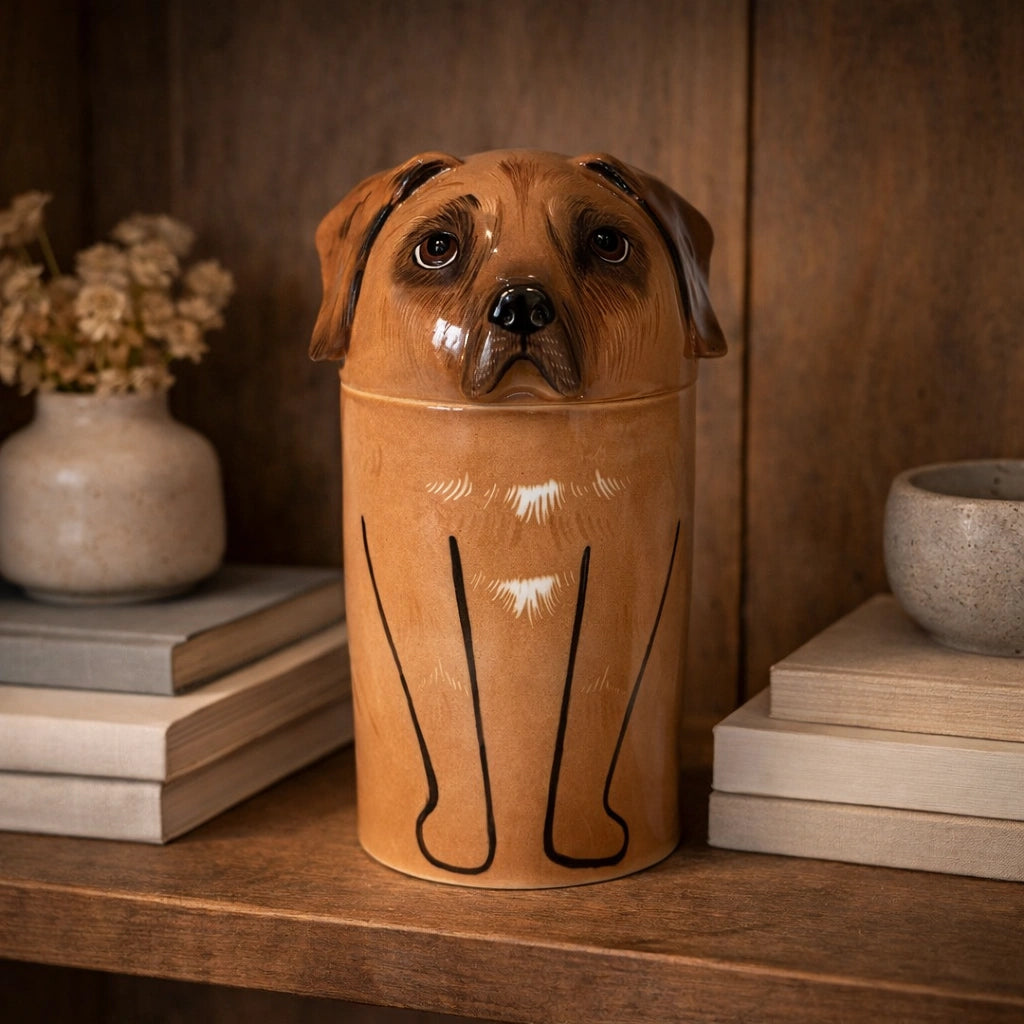 Minimal ceramic dog memorial urn photographed in soft natural light