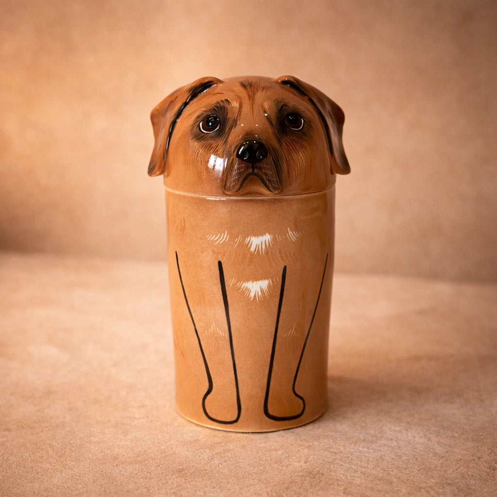 Ceramic dog keepsake urn with smooth glaze and understated form