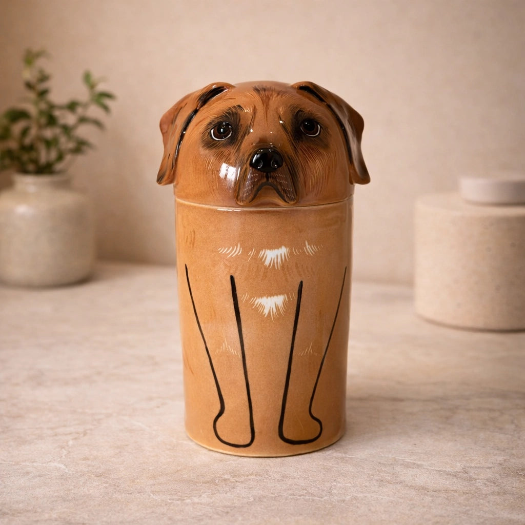 Handmade dog urn in ceramic with calm expression and neutral tones