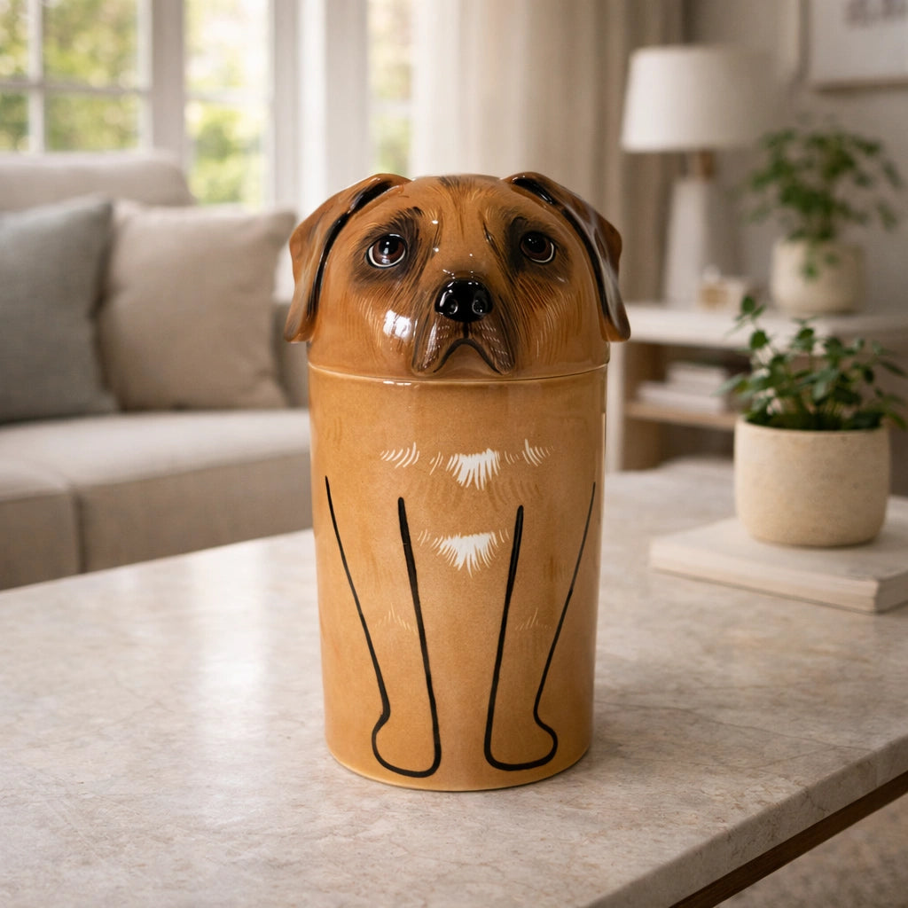 Ceramic pet urn for dogs designed for quiet home remembrance