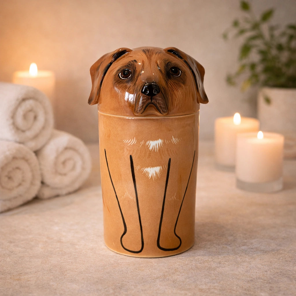 Minimalist ceramic dog memorial urn suitable for interior spaces