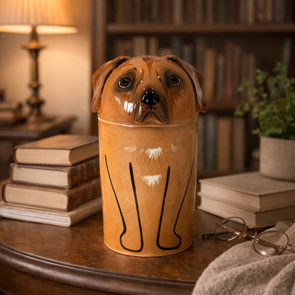 Handcrafted ceramic urn for dog ashes with restrained, timeless design
