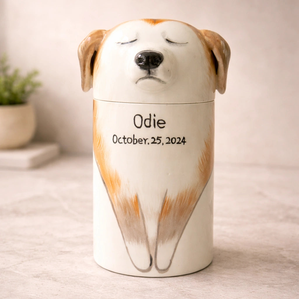 Personalized ceramic dog urn with name inscription on neutral background