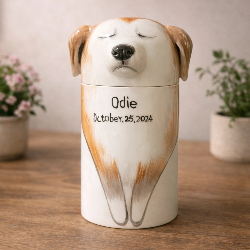 White ceramic dog urn with calm expression and minimalist design