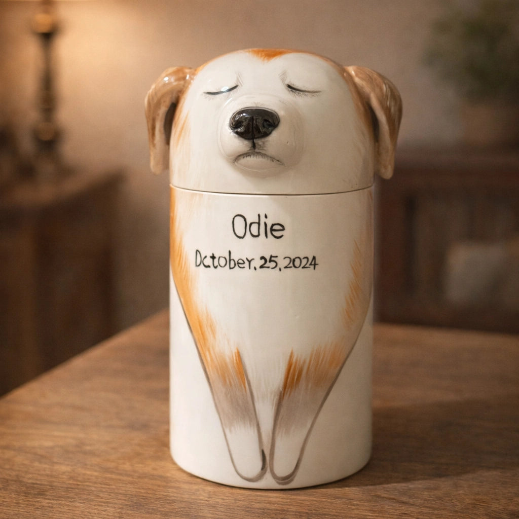Handcrafted ceramic dog urn with custom name and date
