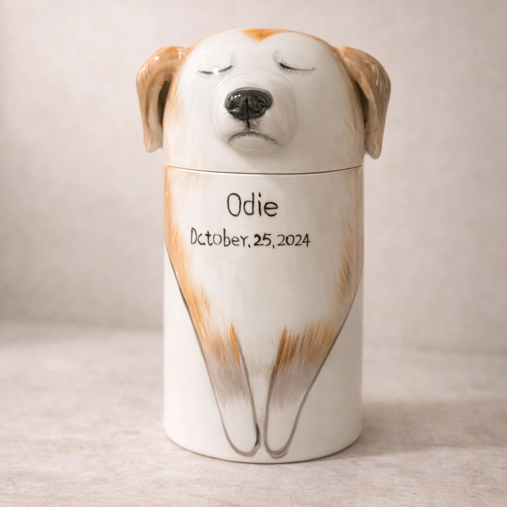 Minimal ceramic dog memorial urn suitable for home interior