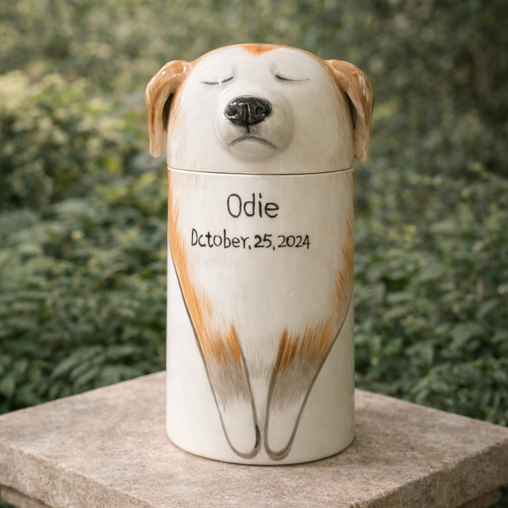Personalized pet urn for dogs designed for quiet home placement