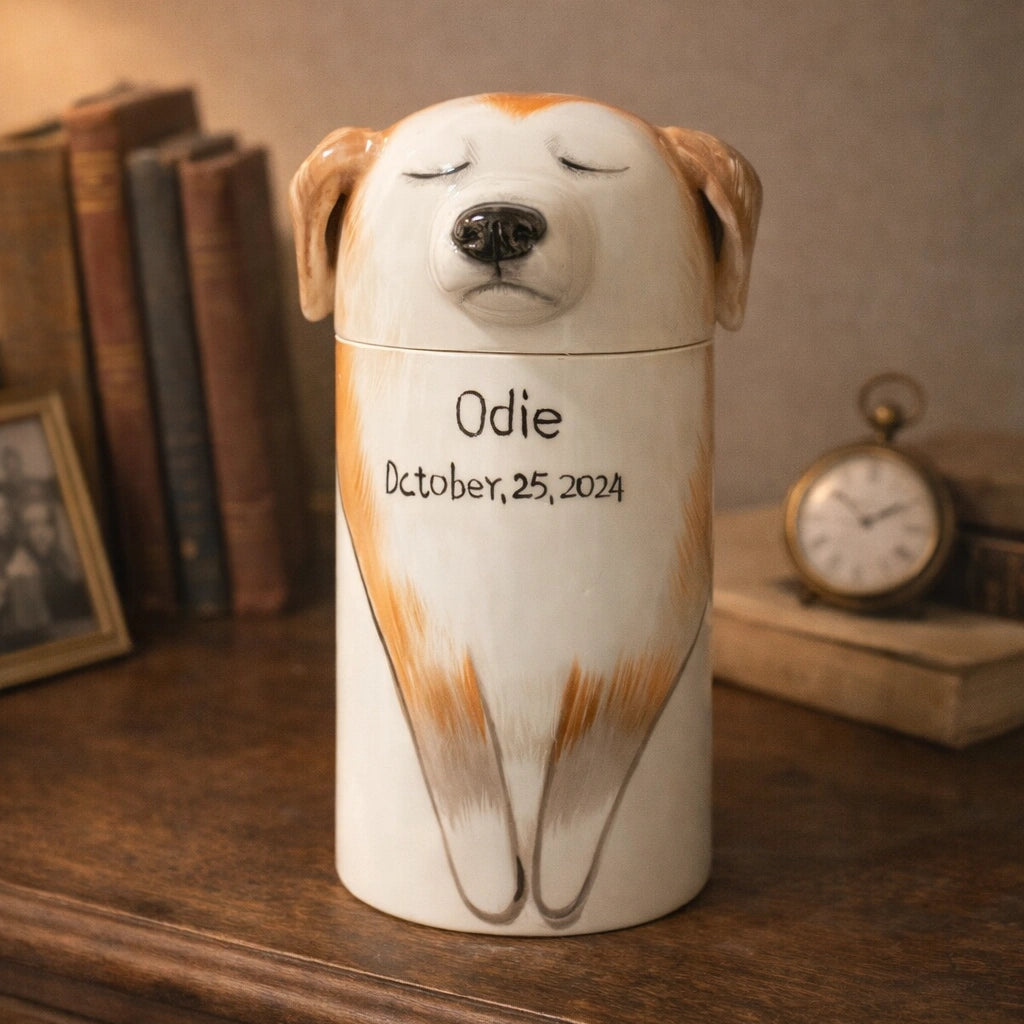 Inscribed ceramic dog urn photographed in soft natural light