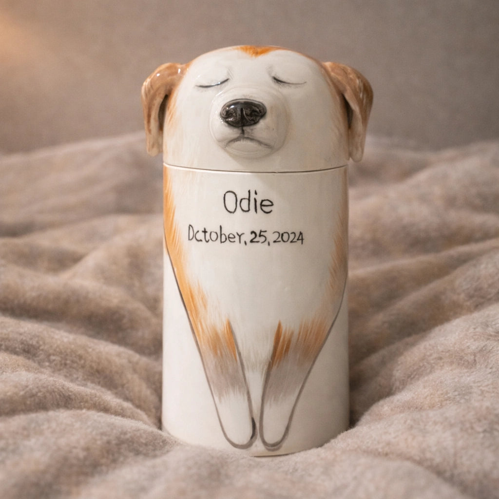 Ceramic dog urn with smooth glaze and balanced proportions