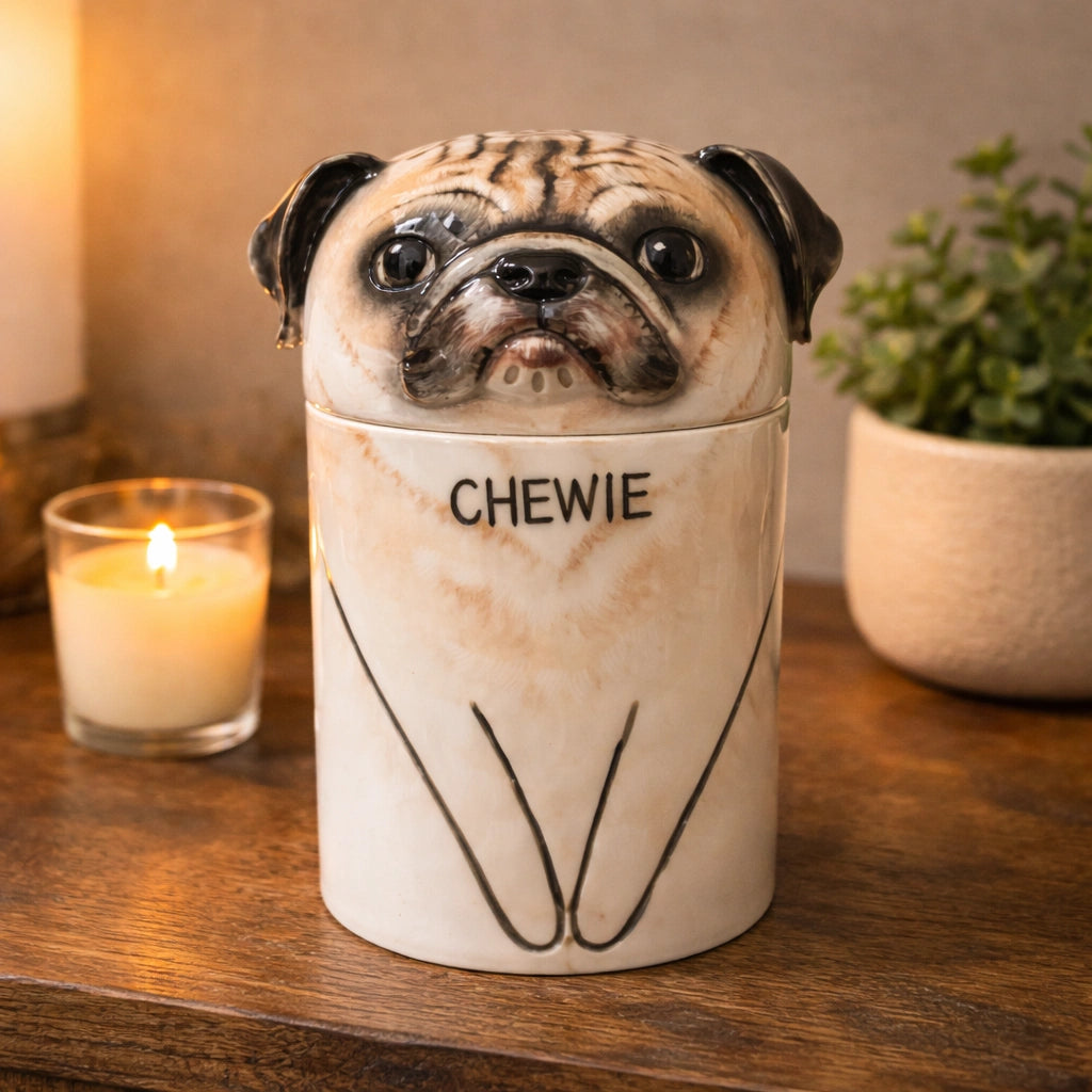 Personalized ceramic pug dog urn with name inscription on wooden surface