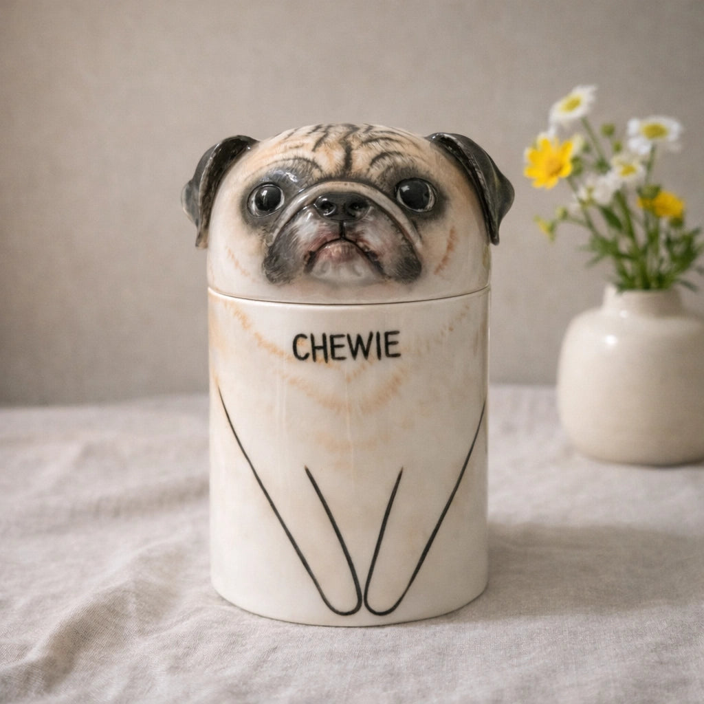 Ceramic pug dog urn with calm expression and neutral glaze
