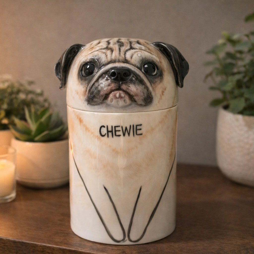 Handcrafted ceramic pug urn designed for home placement