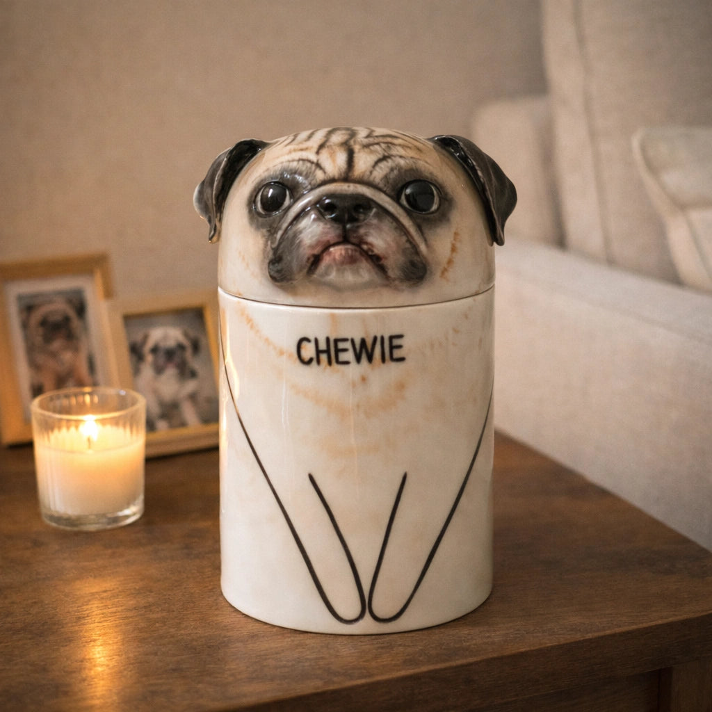 Minimal ceramic pug dog urn with custom name detail