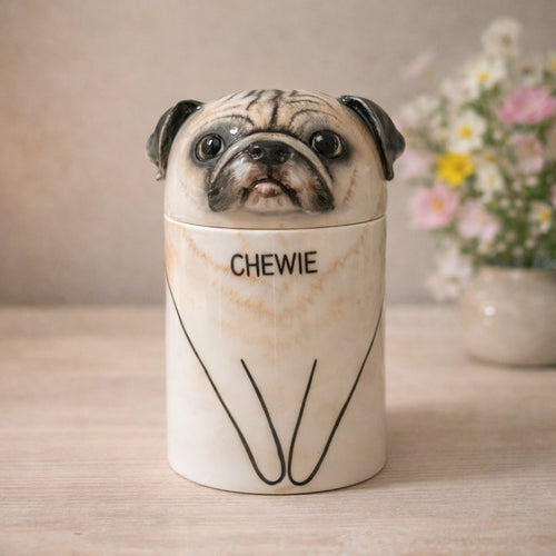 Handmade custom dog urn with pug face lid, personalized with name 'CHEWIE' — perfect pet memorial keepsake