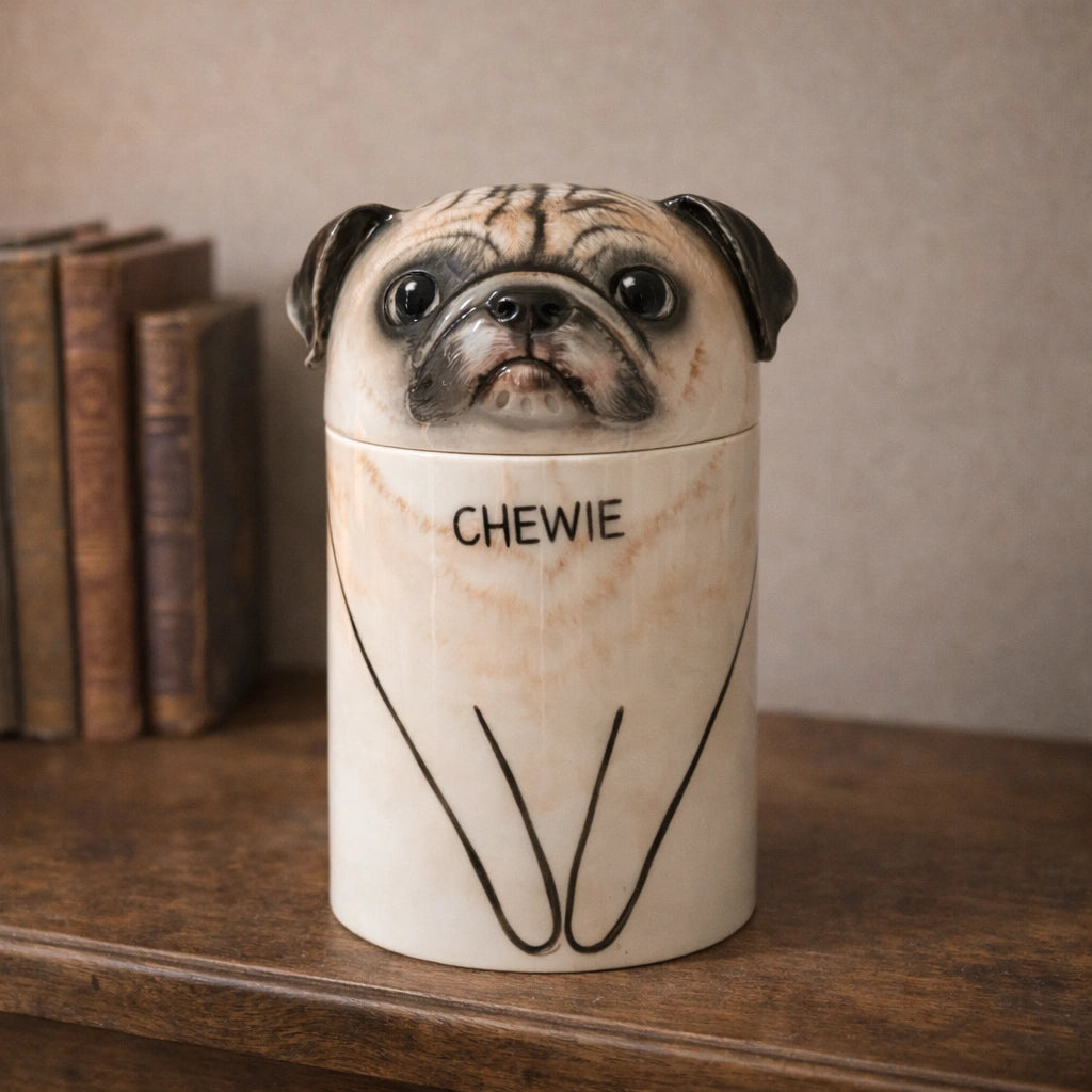 Custom ceramic pug pet urn photographed in warm interior light