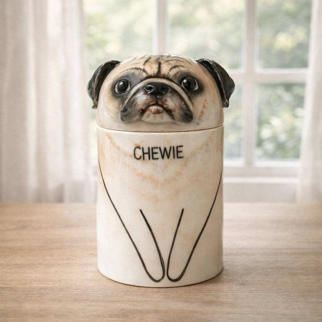 Personalized ceramic dog urn suitable for indoor display