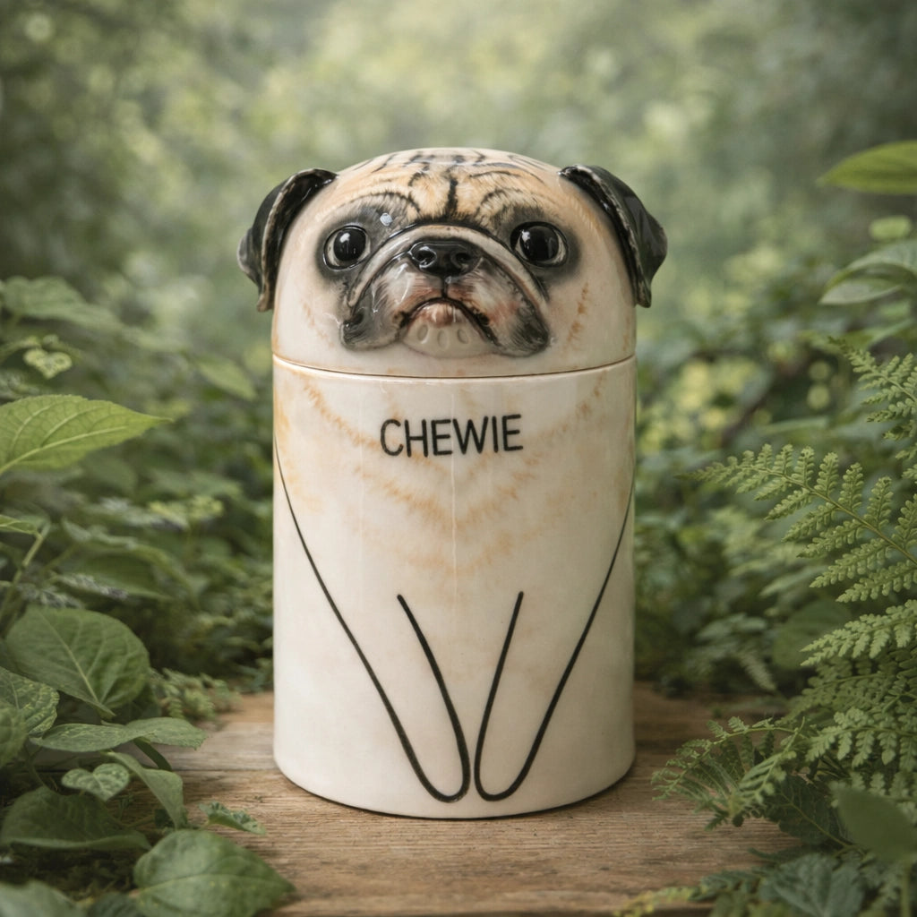 Handmade ceramic pug urn with understated surface finish