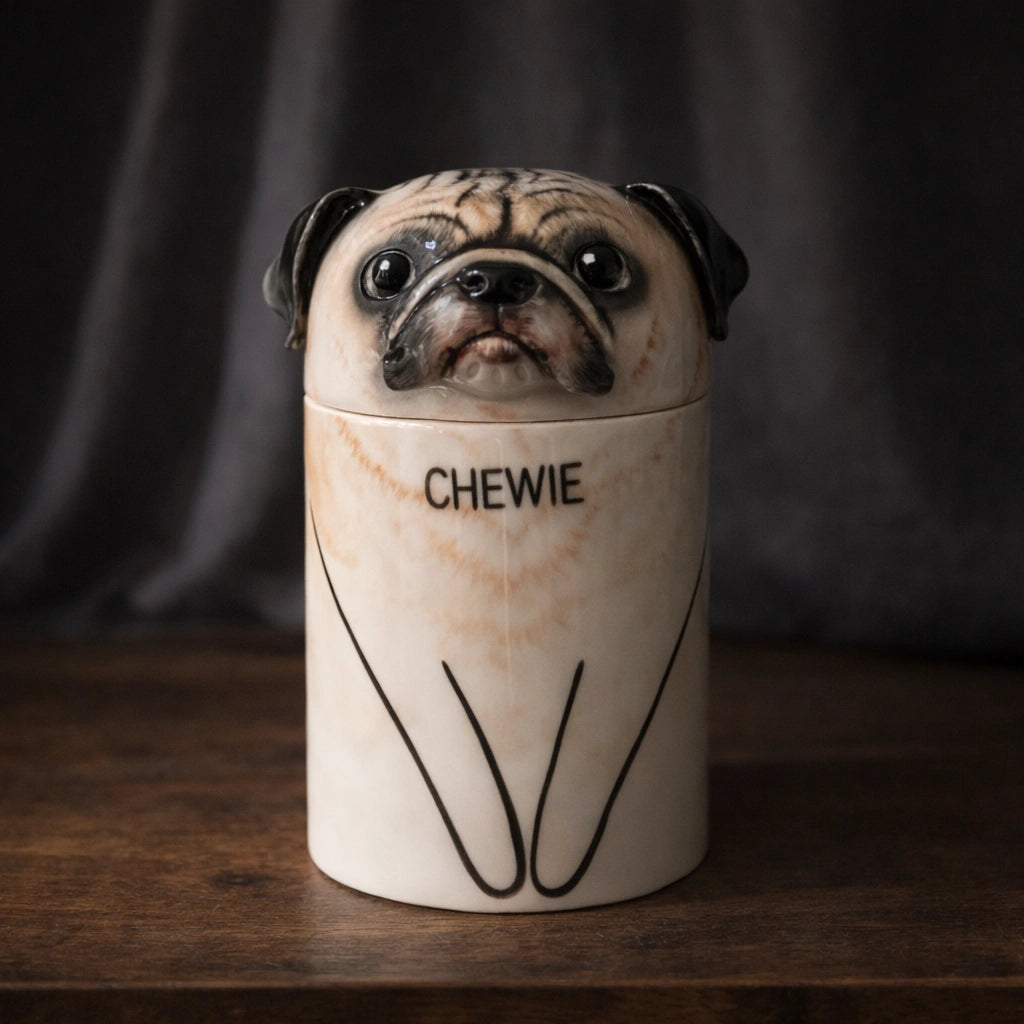 Ceramic container with a pug design and 'CHEWIE' text on a dark background