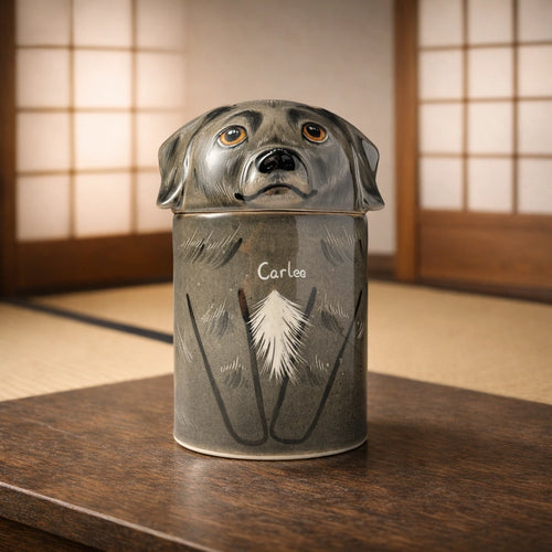 Personalized ceramic dog urn with calm expression on wooden surface
