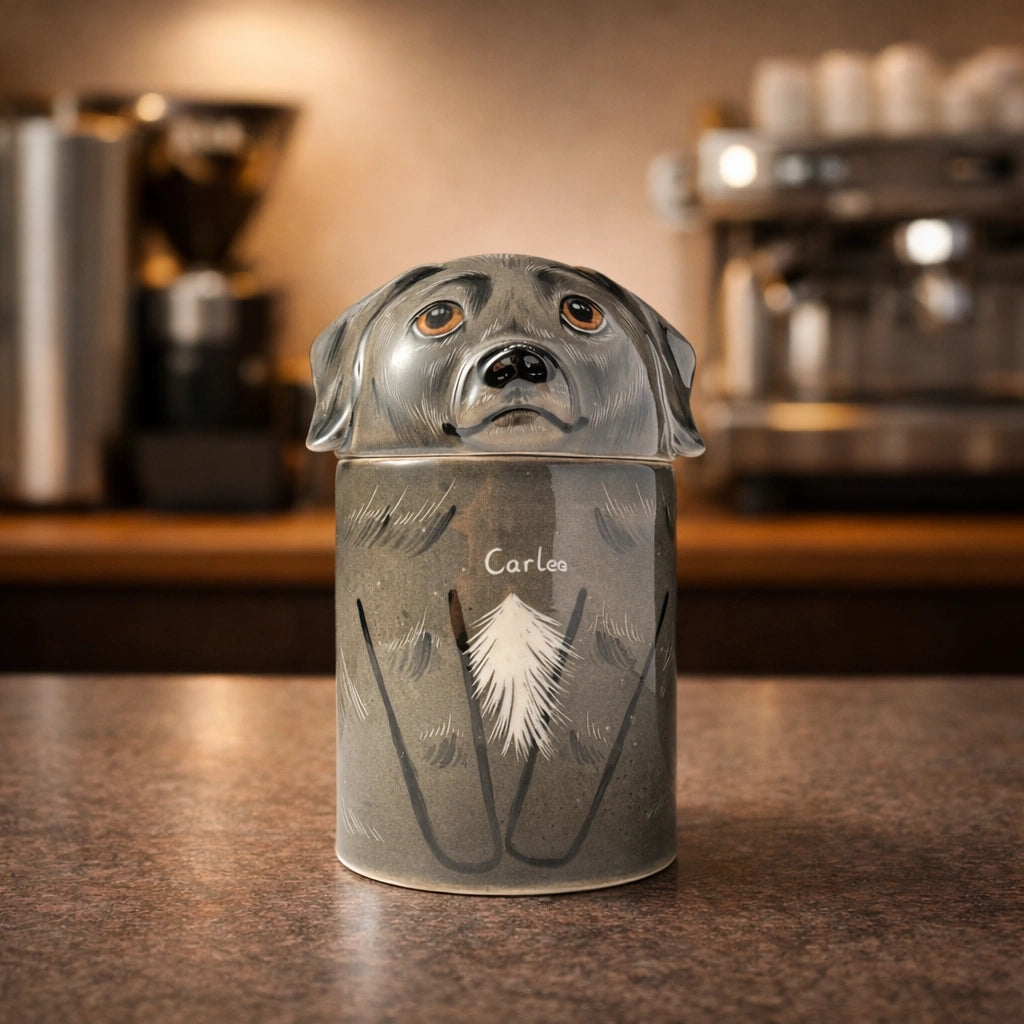 Dark toned ceramic dog urn with custom name inscription