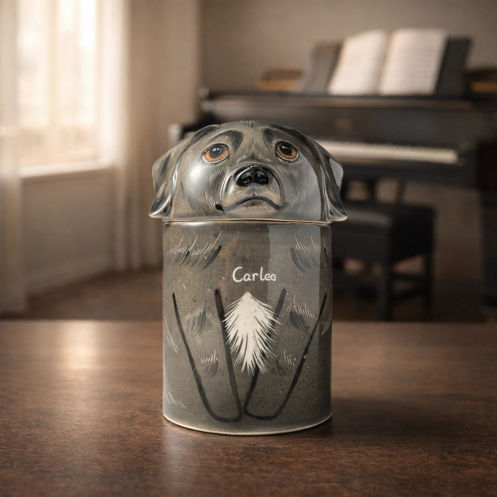 Handcrafted ceramic dog urn designed for indoor placement