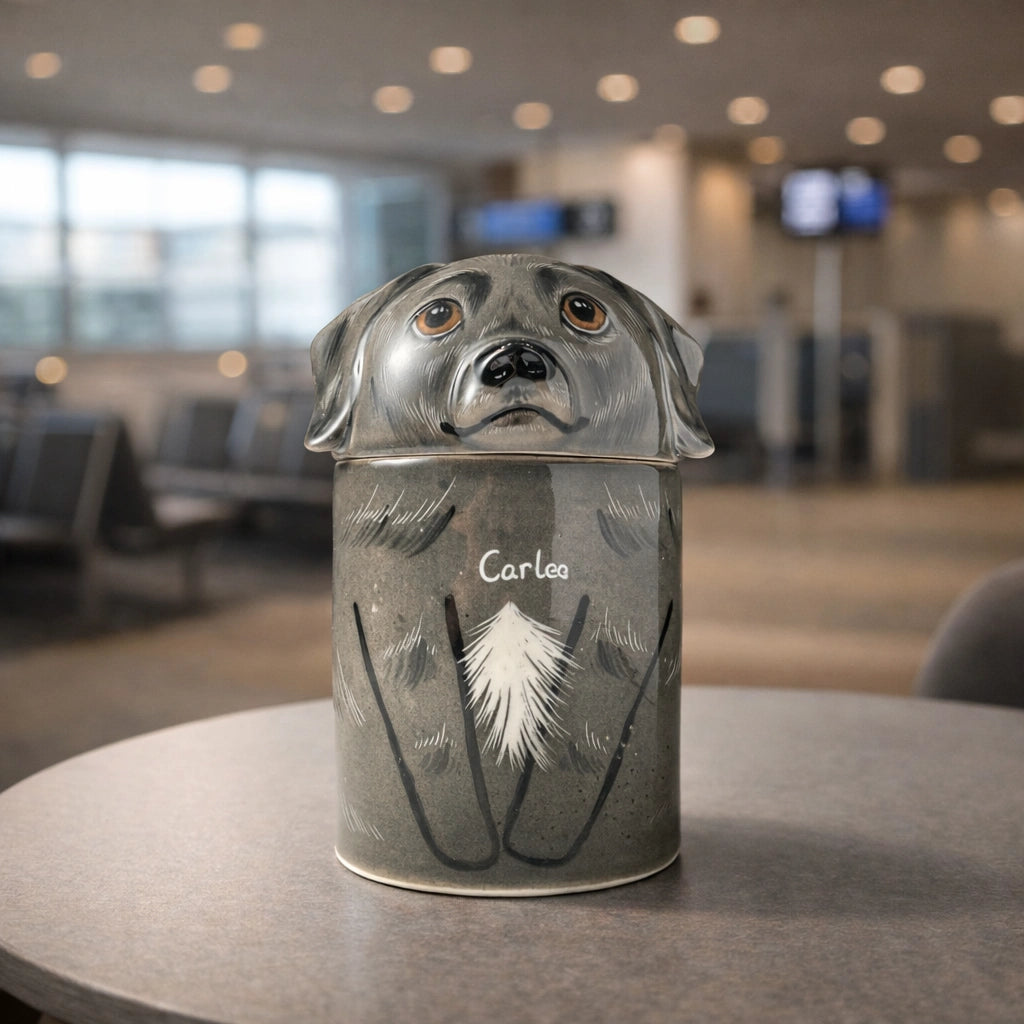 Minimal ceramic dog urn with balanced proportions and muted glaze