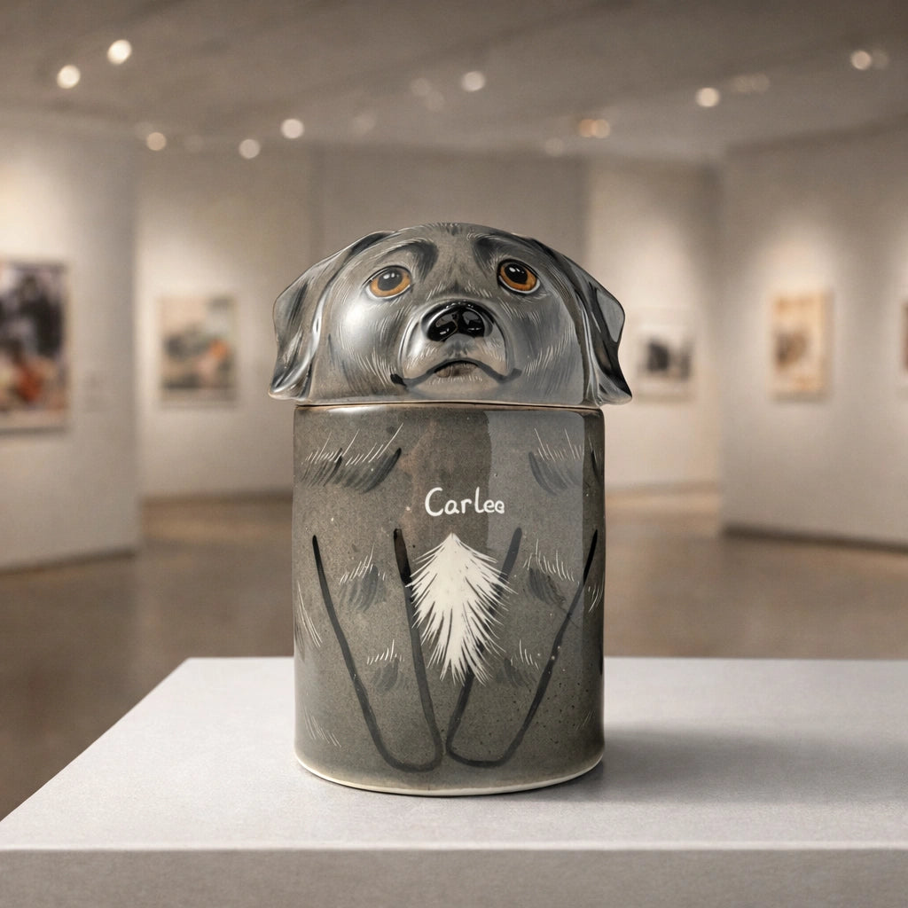 Custom ceramic pet urn for dogs photographed in soft interior light