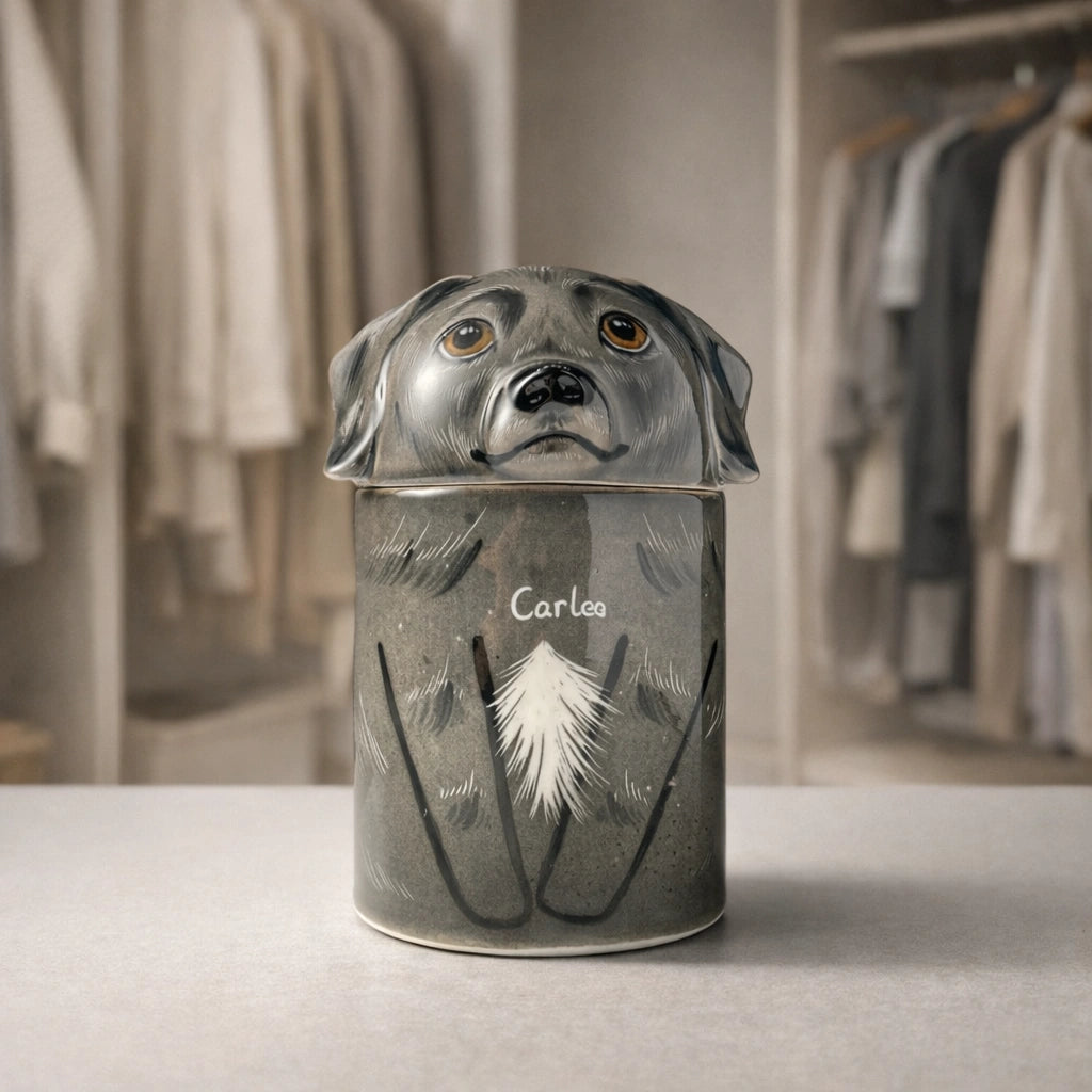 Ceramic dog urn with sculpted form and understated surface