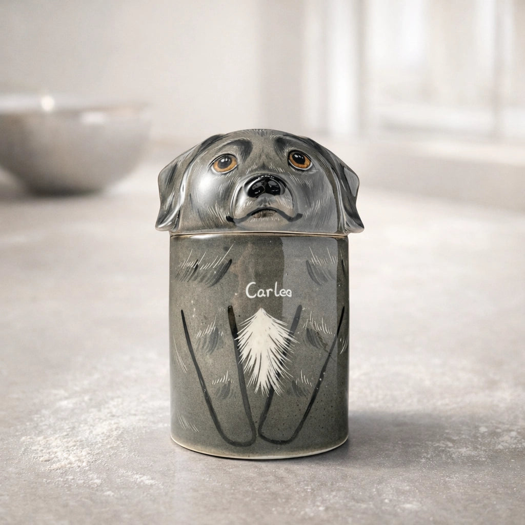 Personalized ceramic dog urn suitable for quiet home spaces