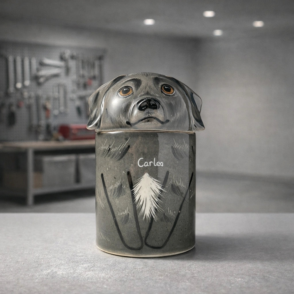 Handmade ceramic dog urn with neutral color palette