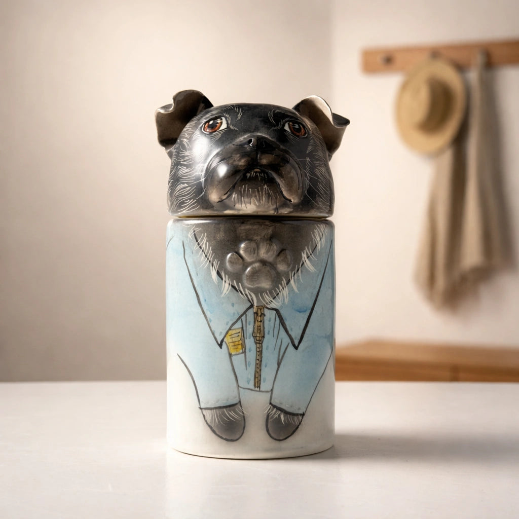 Personalized ceramic dog urn with illustrated blue garment design