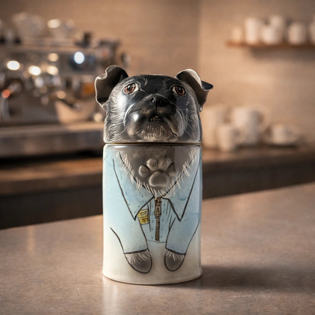 Ceramic dog urn with hand drawn illustration and neutral background