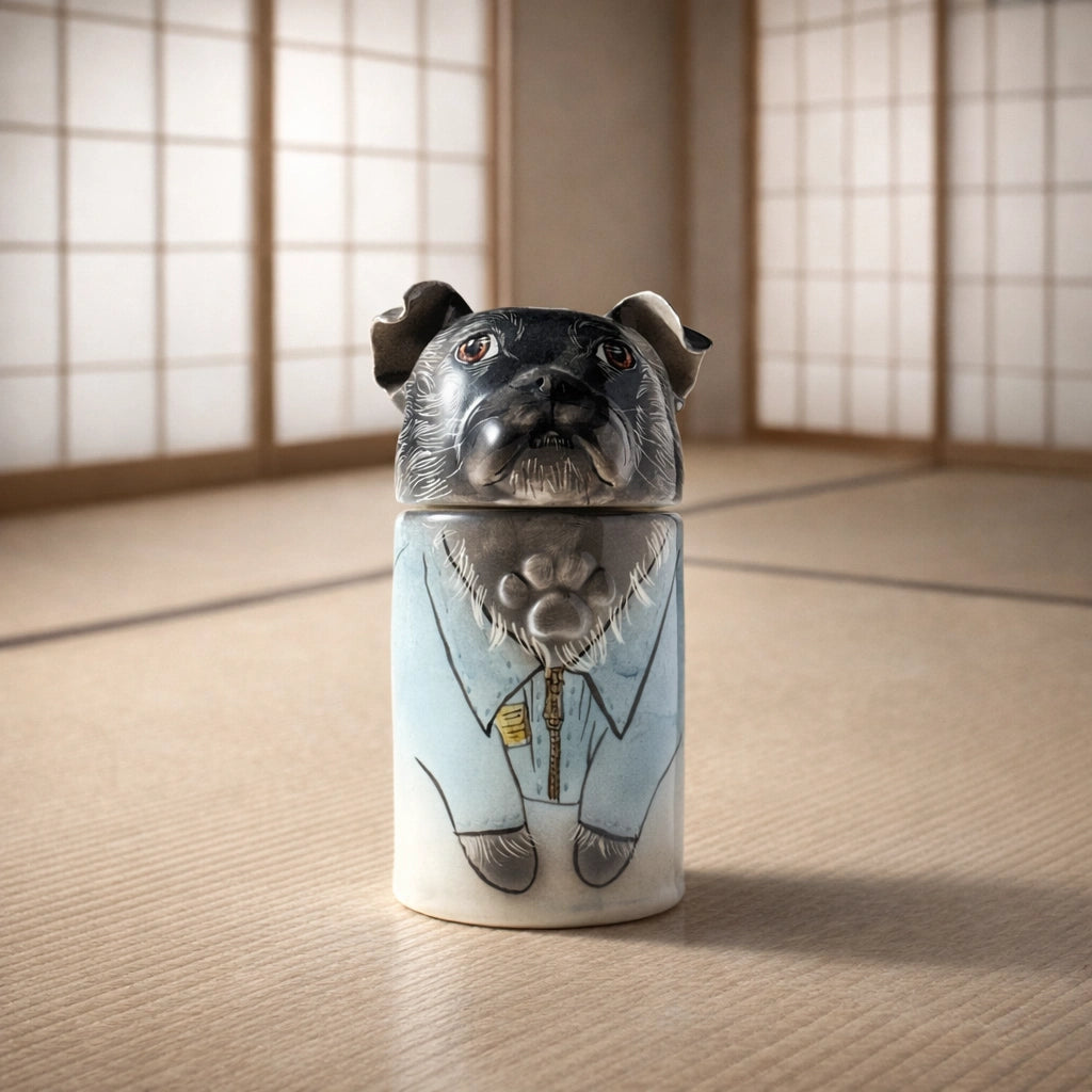 Handcrafted ceramic dog urn with custom illustrated surface