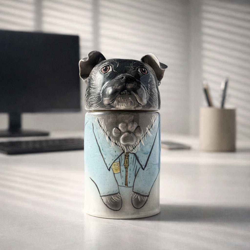 Illustrated ceramic dog urn designed for indoor home placement