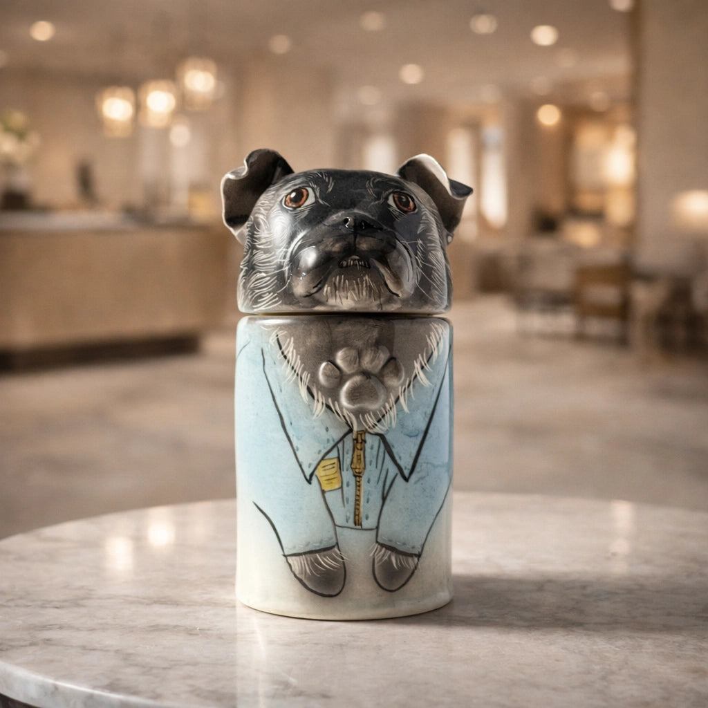 Custom ceramic dog urn with soft blue and gray color tones