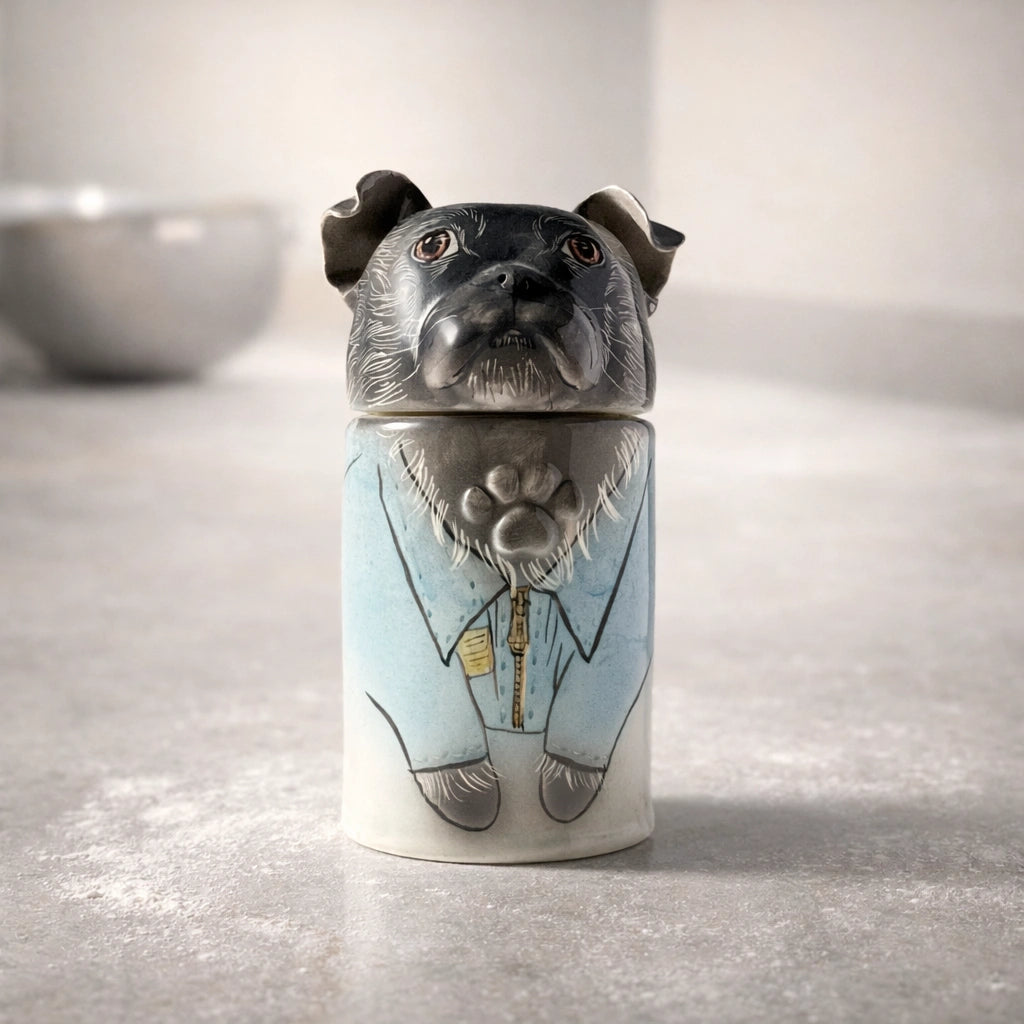 Ceramic pet urn for dogs with detailed hand painted illustration