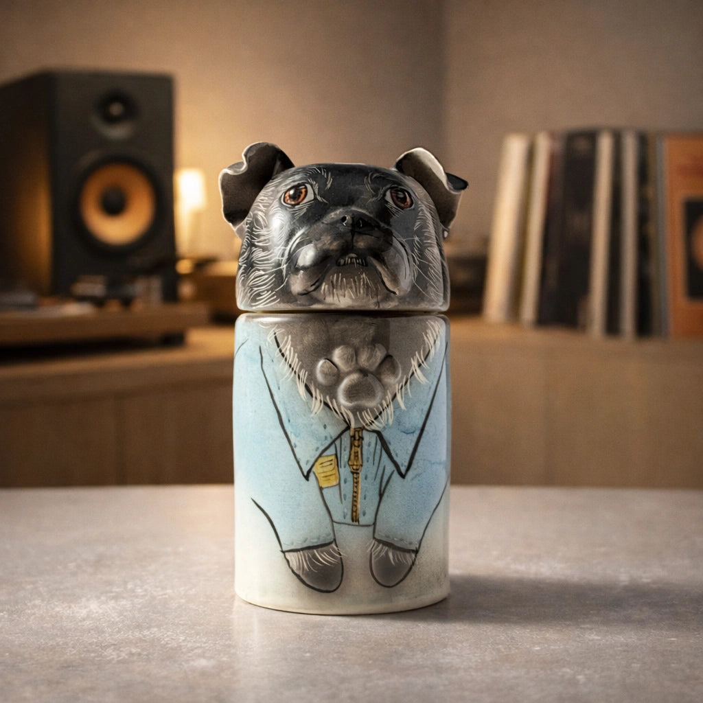 Personalized ceramic dog urn with balanced proportions and illustration