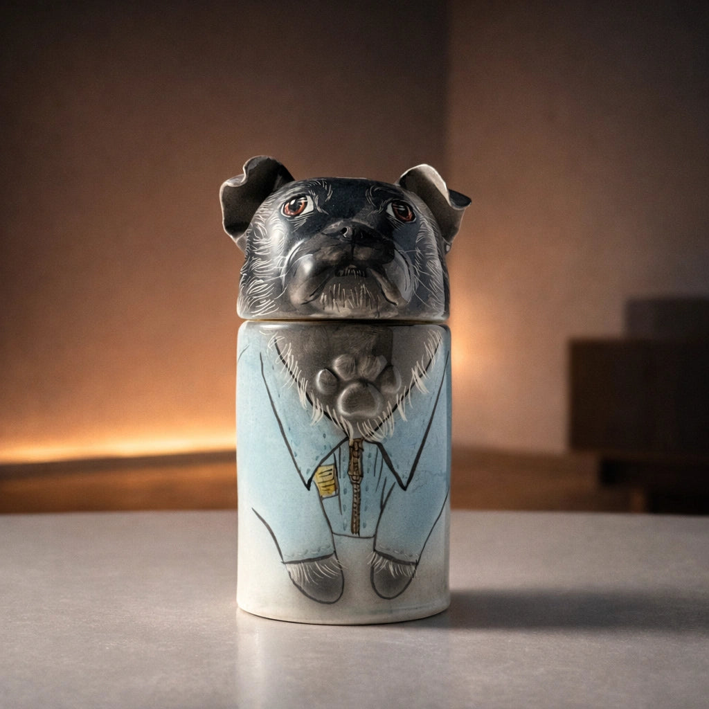 Handmade ceramic dog urn suitable for quiet interior spaces