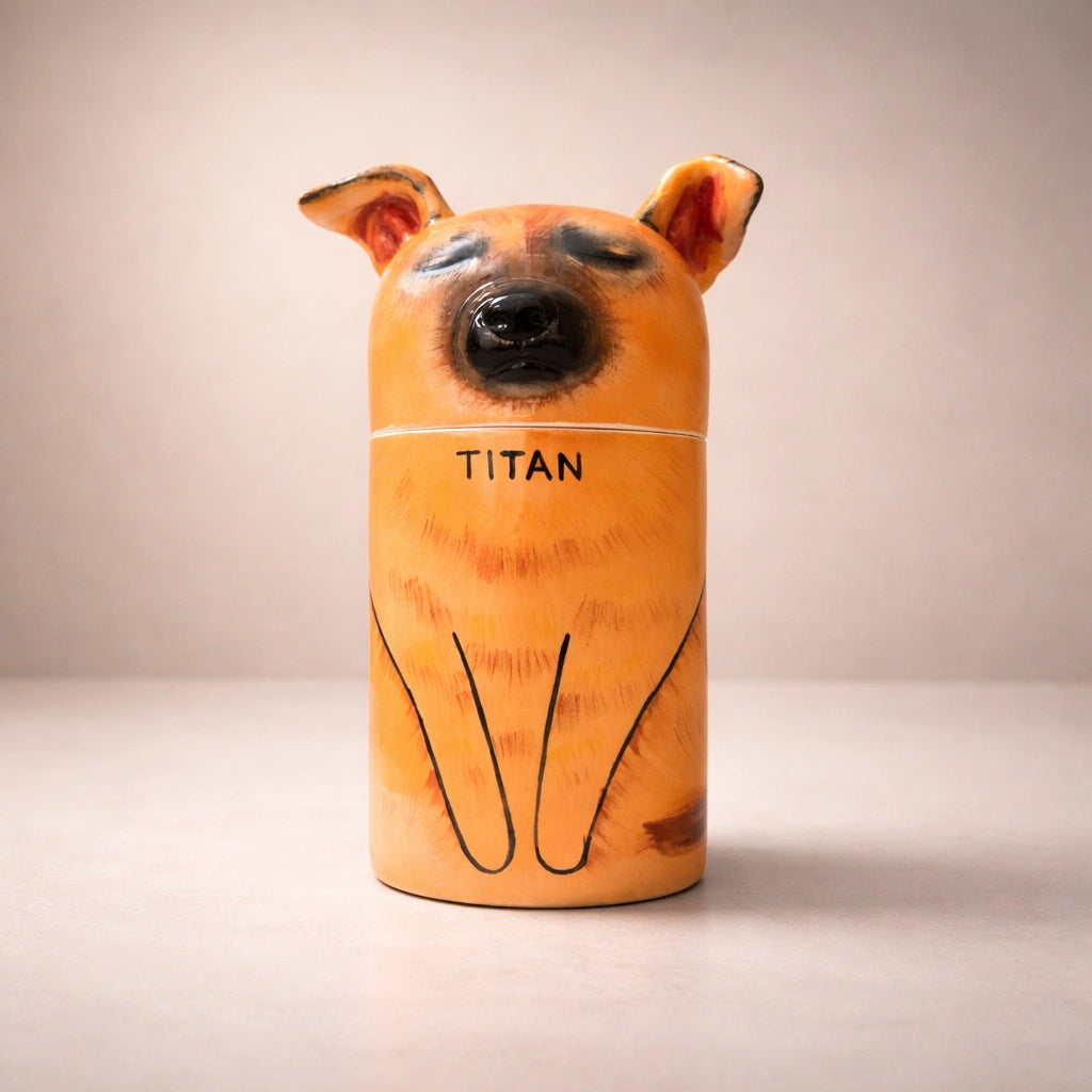 Ceramic dog urn with sculpted ears and closed eye detailing