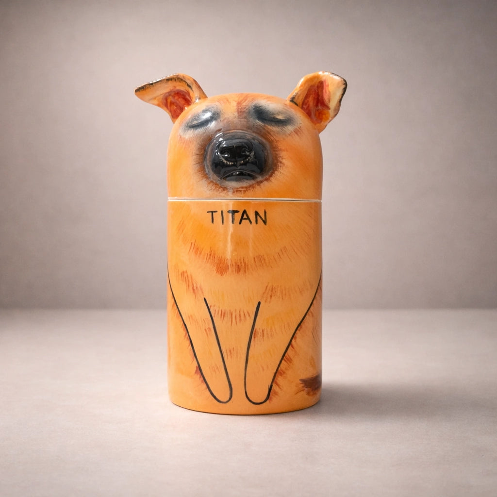 Handcrafted ceramic dog urn with custom name inscription