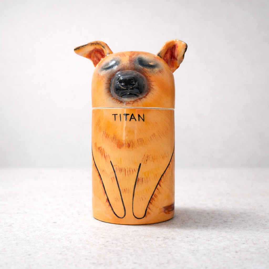 Custom ceramic pet urn for dogs photographed in soft light